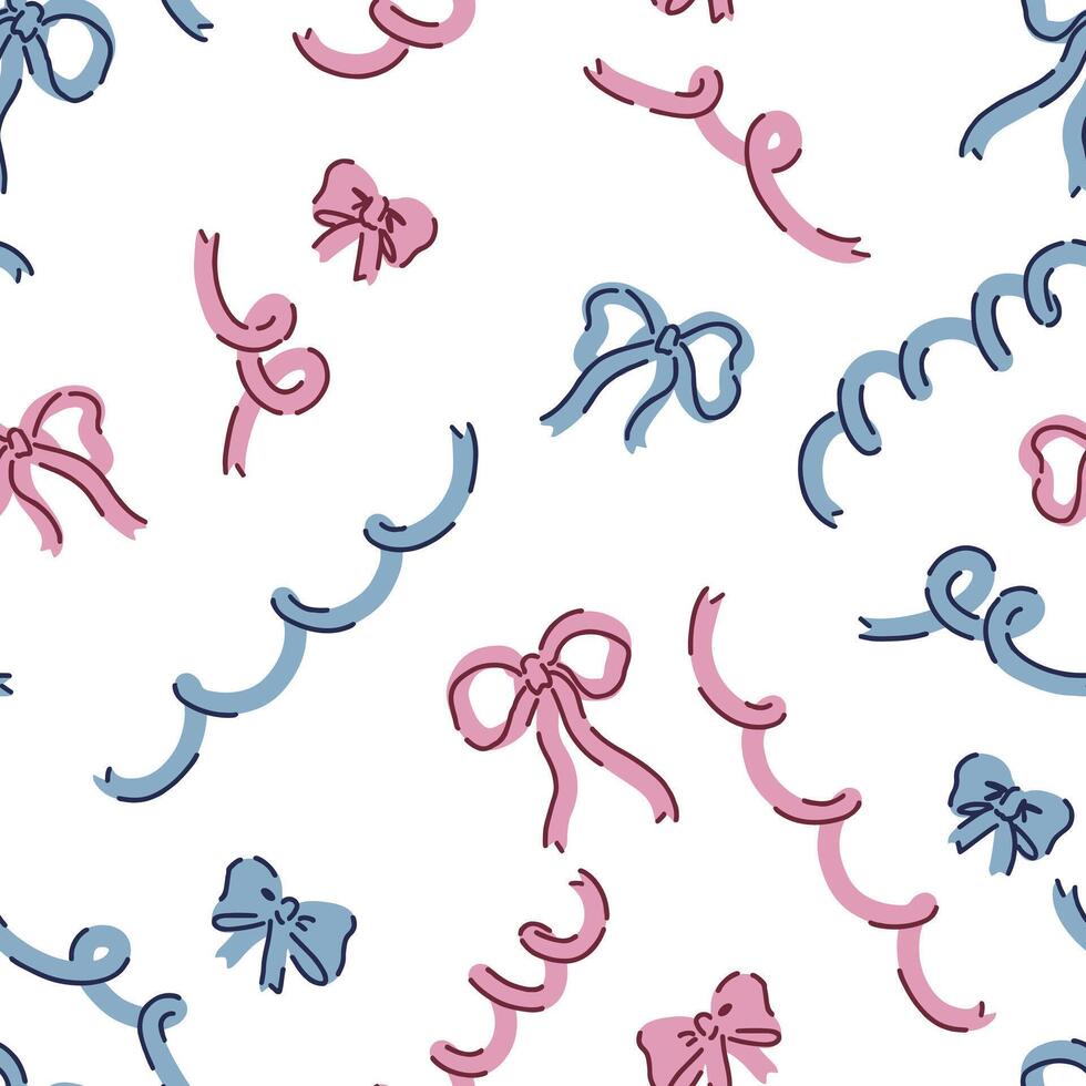 Seamless pattern of bows, gift ribbons, bowknots in cartoon style. Present wrapping decoration ornament in blue and pink colors. vector