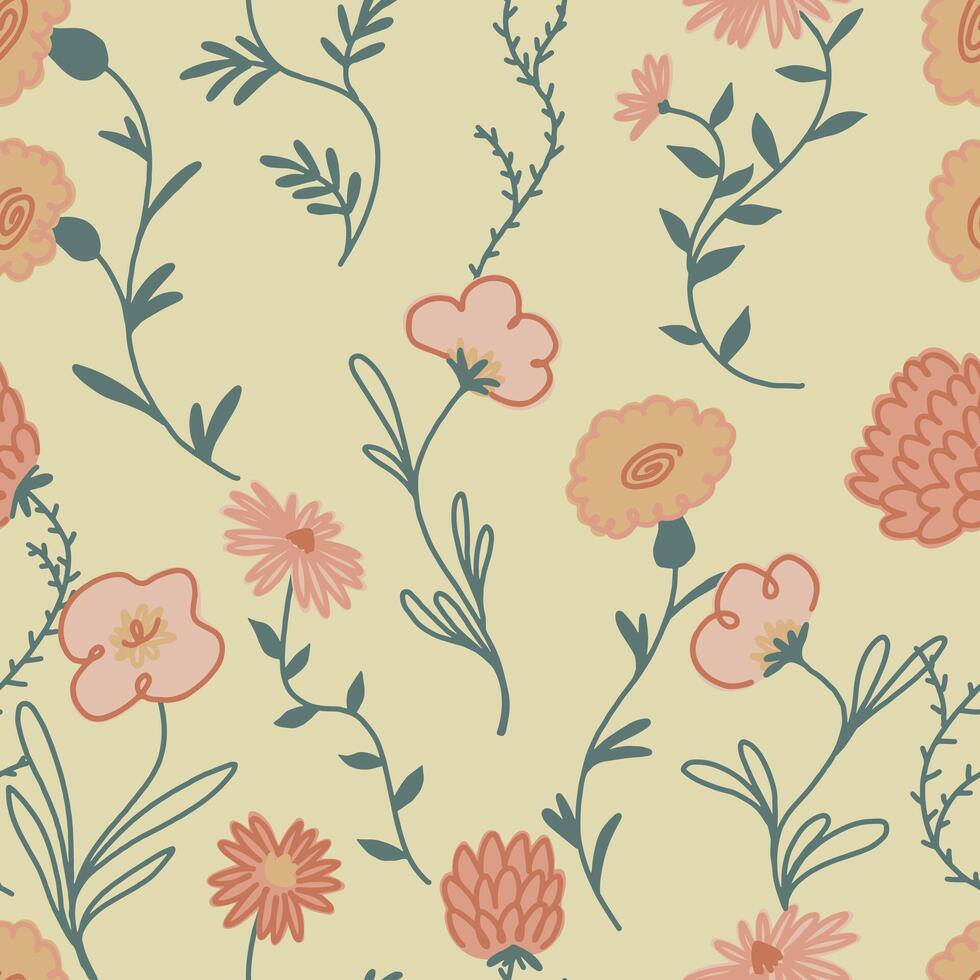 Abstract flowers seamless pattern. Fields plants botanical ornament. vector
