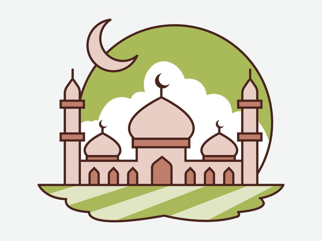 Minimalist Mosque Illustration with Crescent Moon. Modern Islamic Mosque Icon with Crescent and Green Backdrop. vector