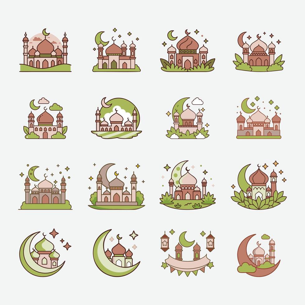 Decorative Islamic Mosque and Crescent Moon Icon Bundle. Elegant Flat Design Set Featuring Mosques, Moons, Stars, Lanterns, and Greenery for Religious and Festive Themes vector