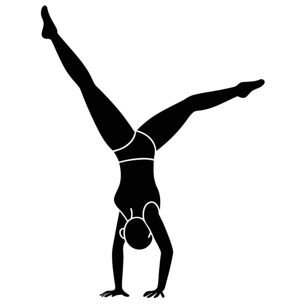 Balancing in handstand yoga pose by athletic woman vector