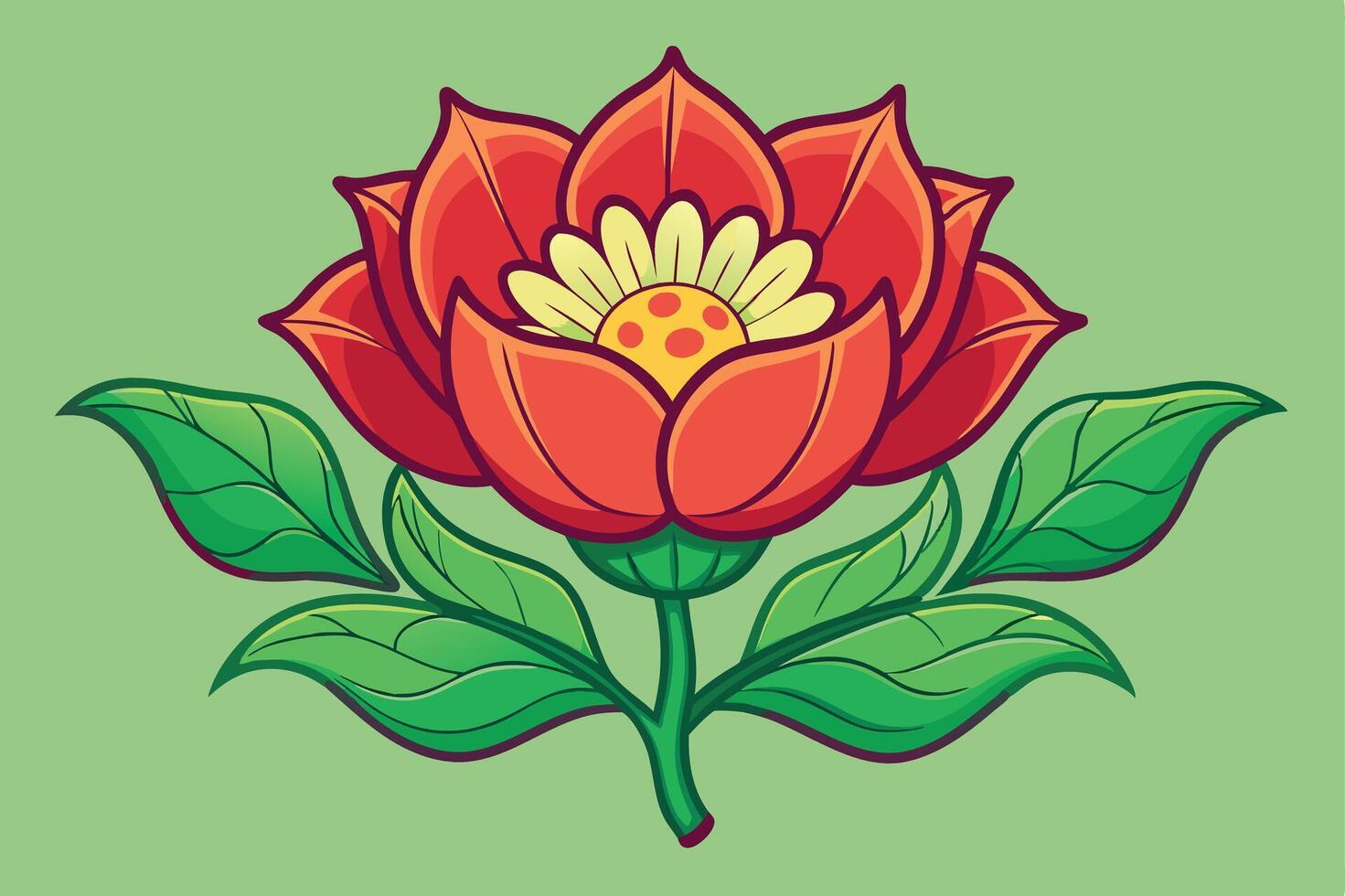 Vibrant Red Flower with Green Leaves, Nature Illustration. vector
