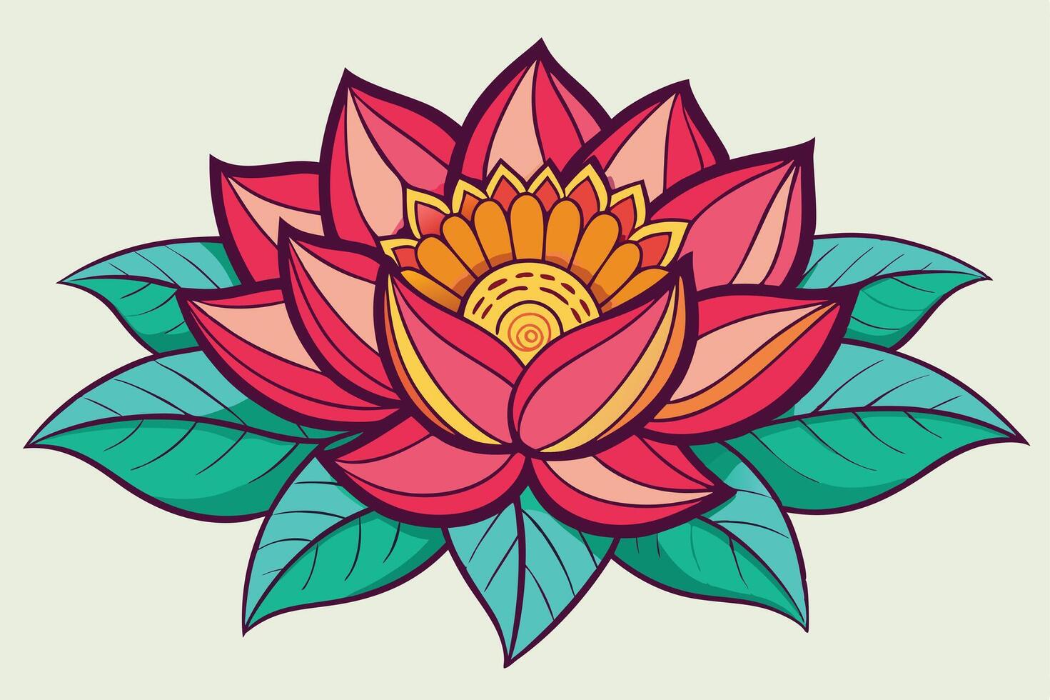 Vibrant Red Lotus Flower with Teal Leaves Artistic Design. vector