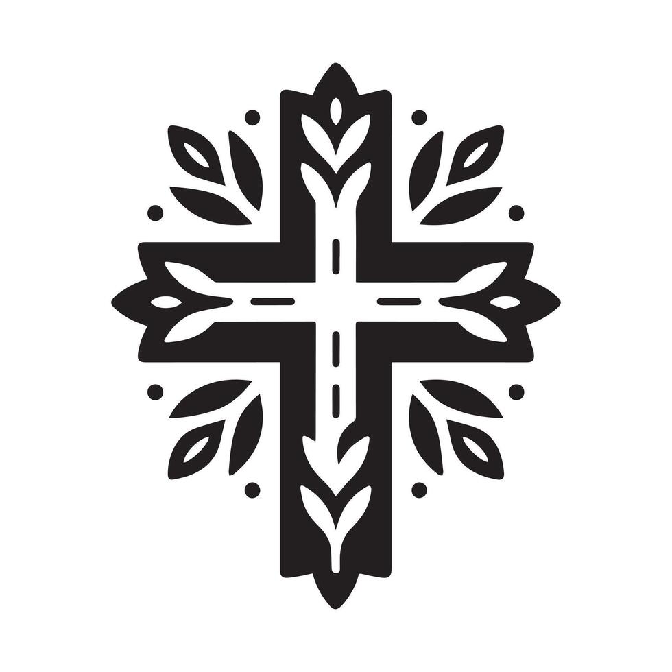 black and white graphic design featuring a Christian cross set against a stylized landscape of mountains at dawn or dusk. vector
