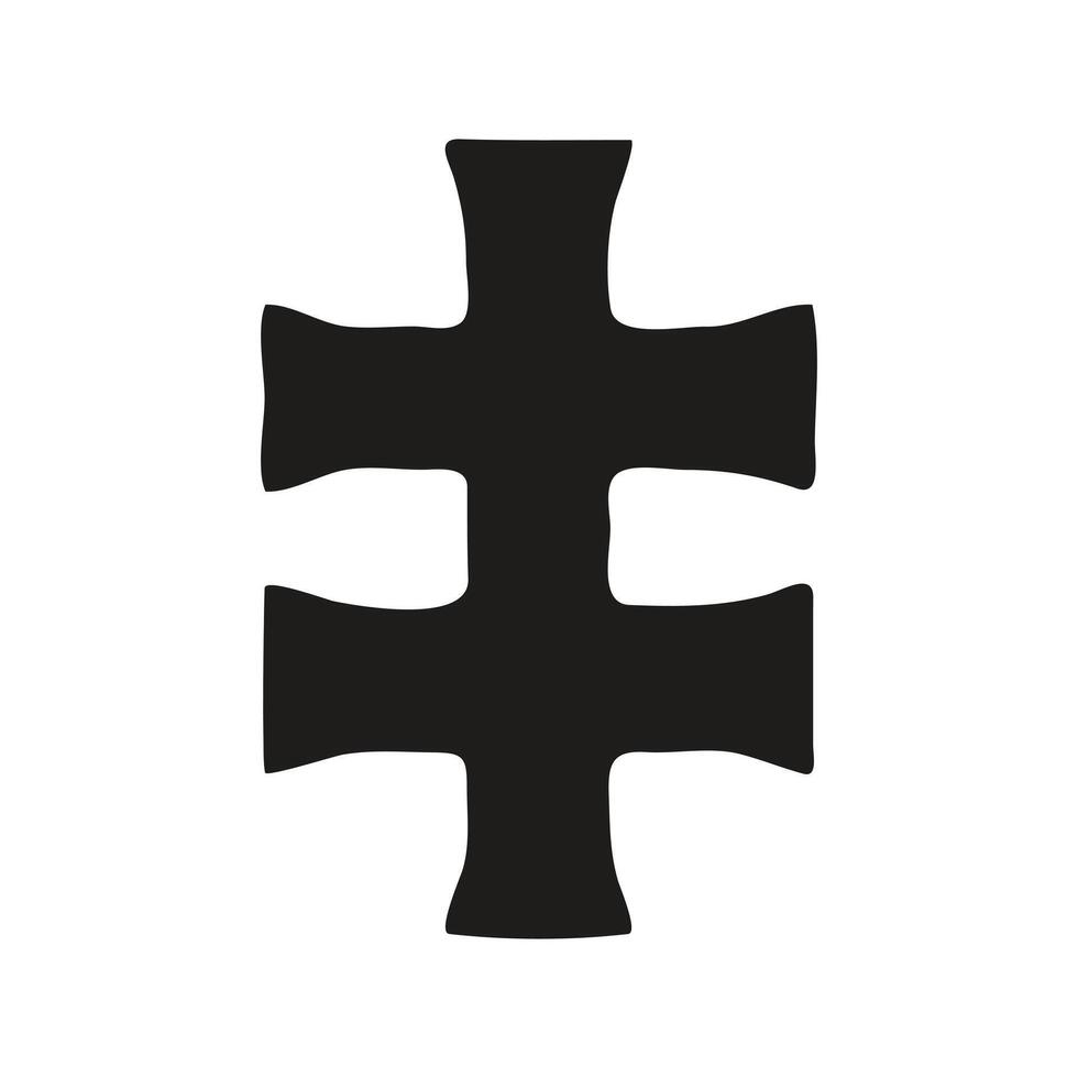 black and white graphic of a cross set within a circular frame of floral and leaf designs. vector