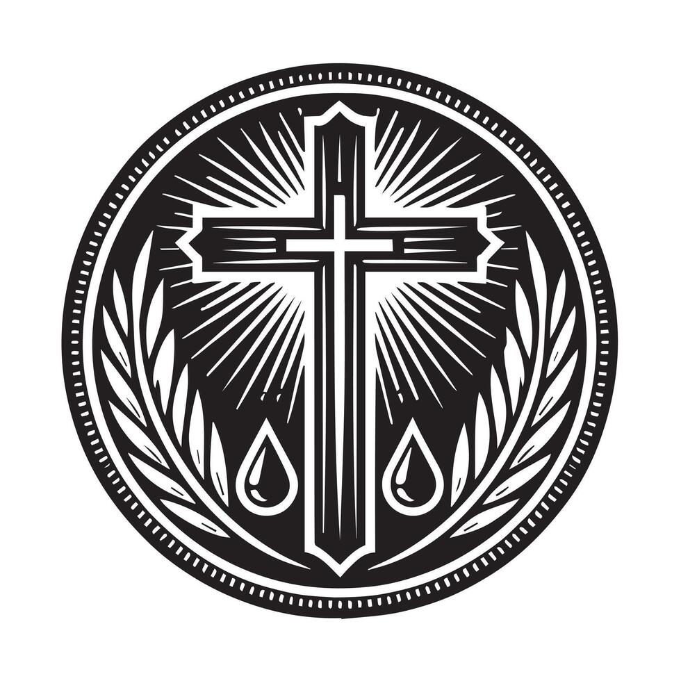 black and white graphic features a Christian cross at the center of a circular design. vector