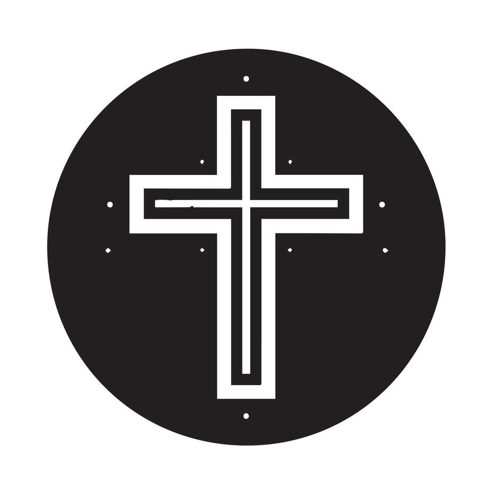 A stylized, black and white graphic of a cross, set within a circular frame. vector