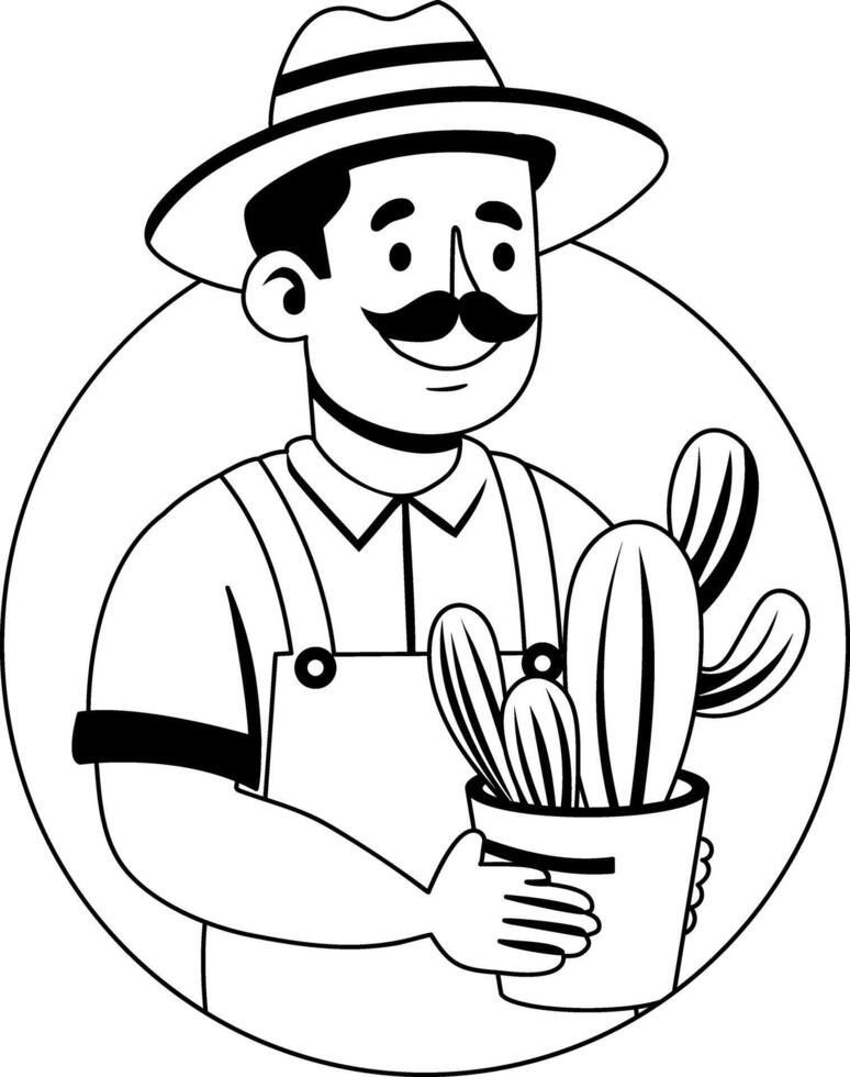 A glyph illustration of mexican gardener holding cactus plant vector