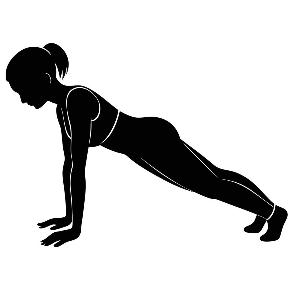 Yoga woman moving from plank to Chaturanga pose with precision vector