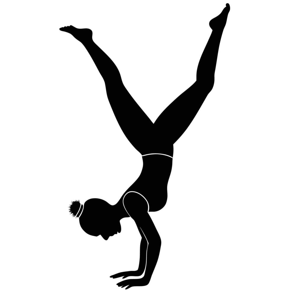 Fitness woman transitioning from crow pose to headstand posture vector