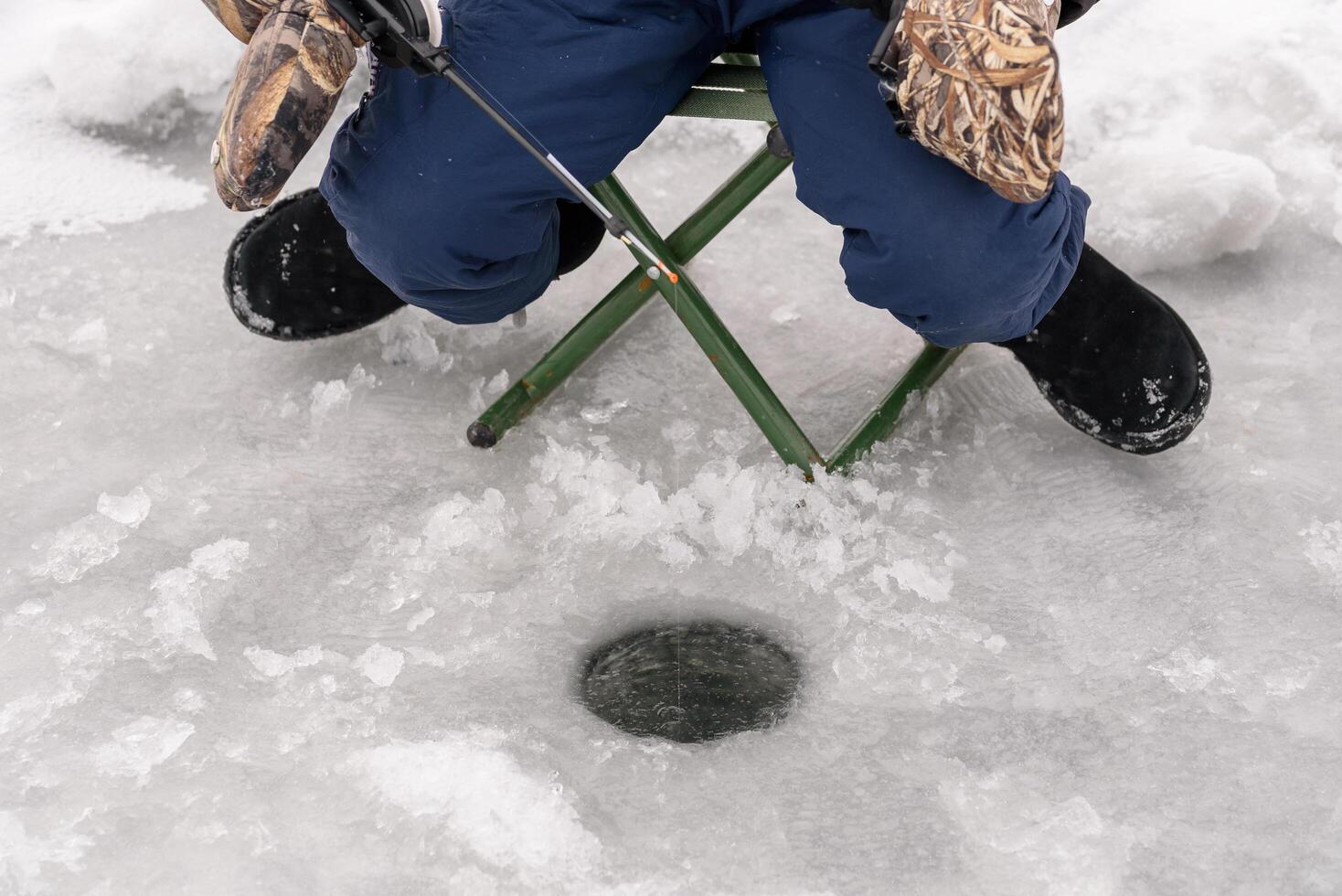 A close-up of a fisherman wearing mittens with a camouflage flower, holding a fishing rod. The man sits on a folding chair near a hole in the ice photo