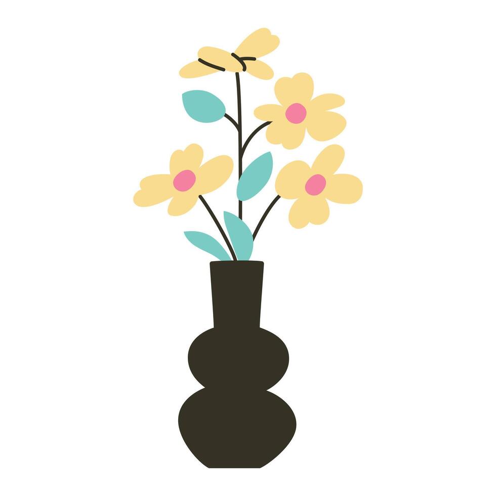 illustration of modern black vase with yellow daisy flowers in flat cartoon style. Doodle icon perfect for home decor, floral design, minimalism, and interior themes, isolated colored clipart vector