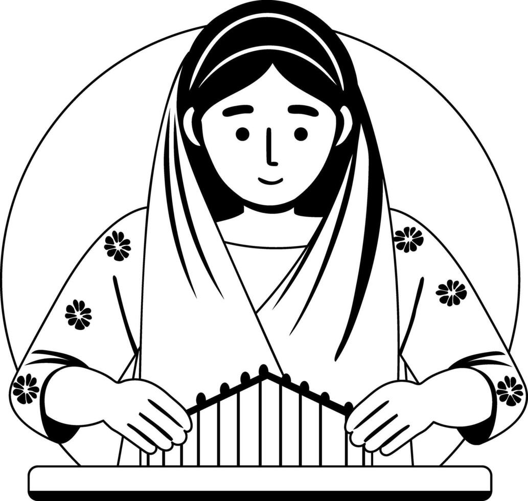 A glyph illustration of a woman doing traditional knitting with wool vector