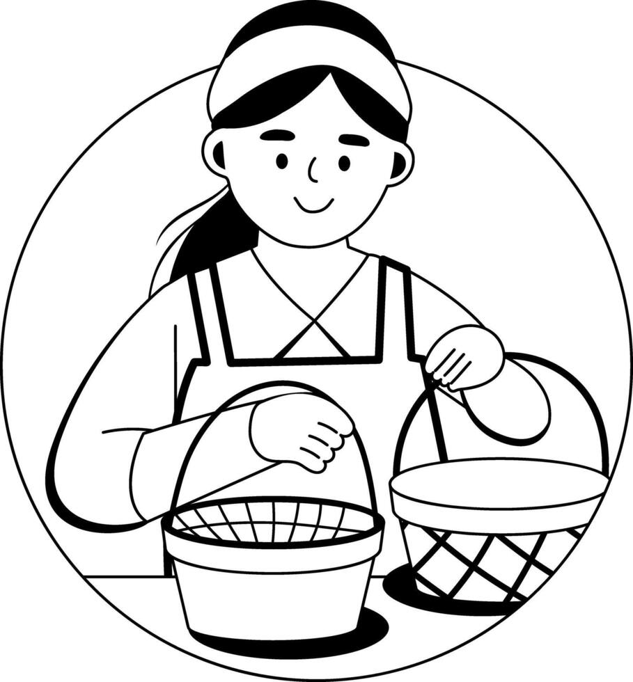 A glyph illustration of a woman making baskets vector