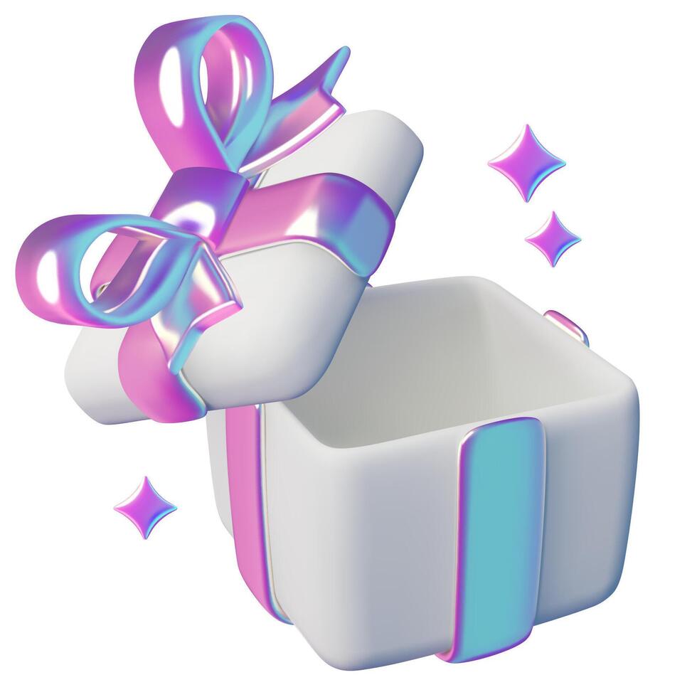 3d opened birthday gift box surprise emoji with metallic gradient bow and stars vector