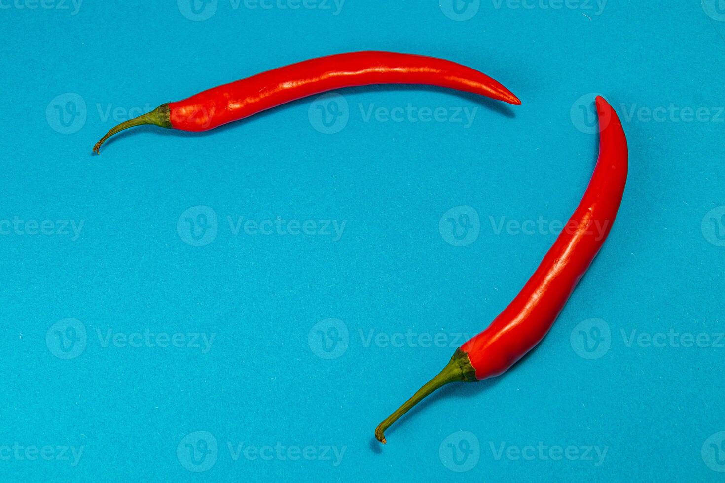 Bright red chili peppers on a vibrant blue background create a bold contrast photo