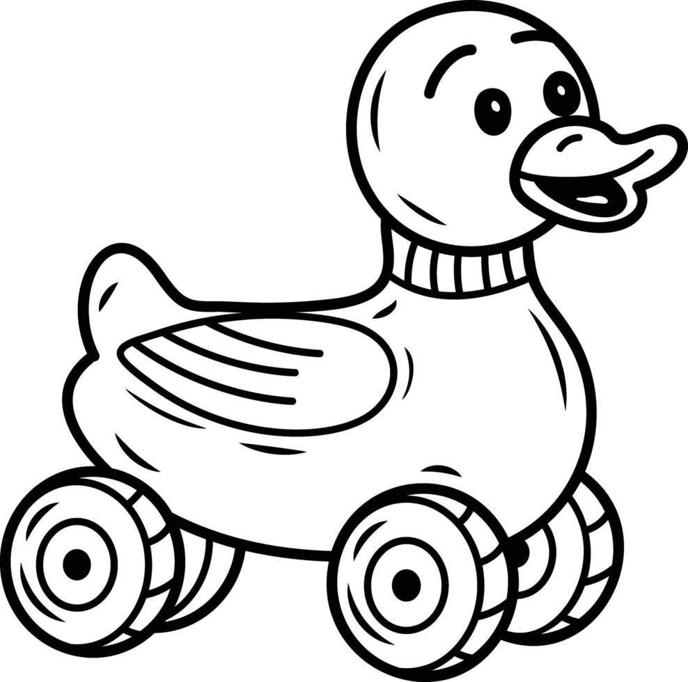 A hand drawn icon of a cute duck toy with wheels vector