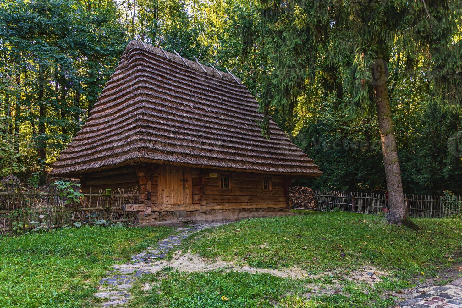 Experience local history at a charming wooden house in a serene park setting photo