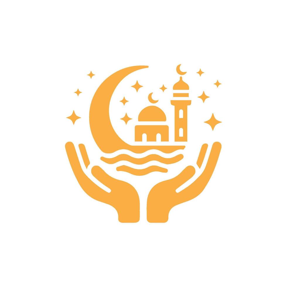 islamic symbol with hands holding a mosque and crescent vector