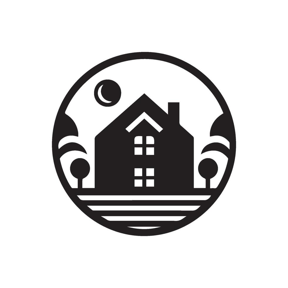 logo of a house, property, apartement, landmark, real estate with trees and a moon vector