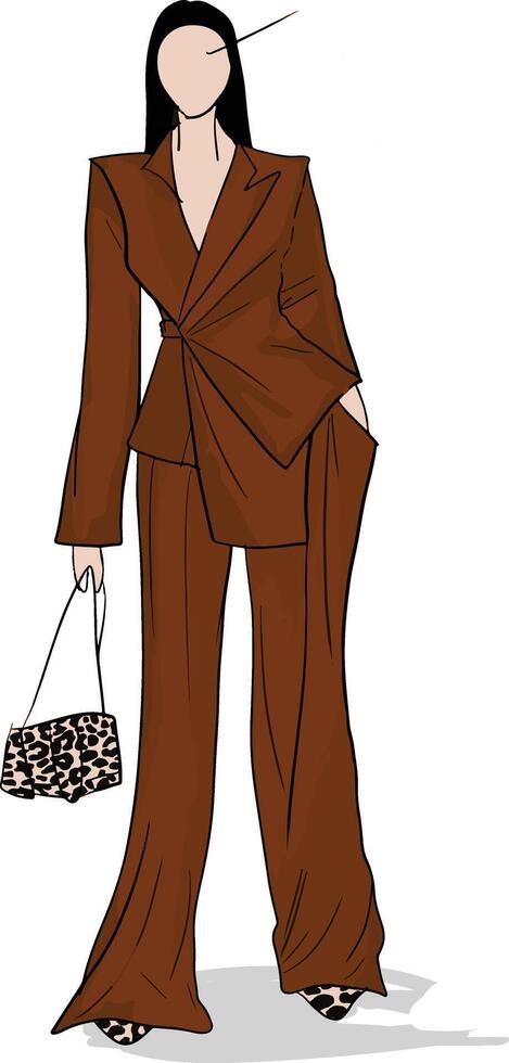 Fashionable woman in brown suit with purse. illustration. vector