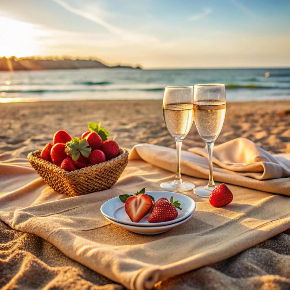 Strawberry delight beach sunset food and drink relaxing outdoor setting close-up view summer indulgence photo