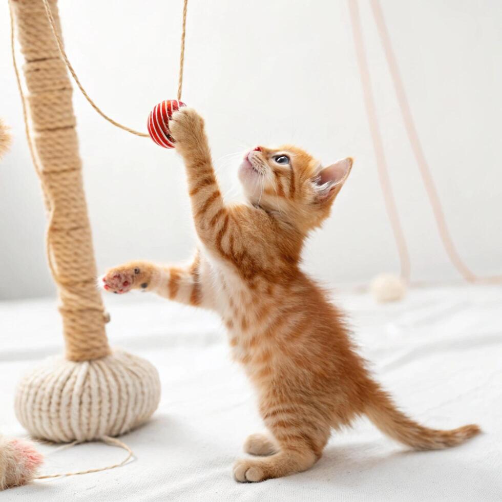 Playful orange kitten batting at string toy indoor setting photography bright environment close-up view fun concept photo