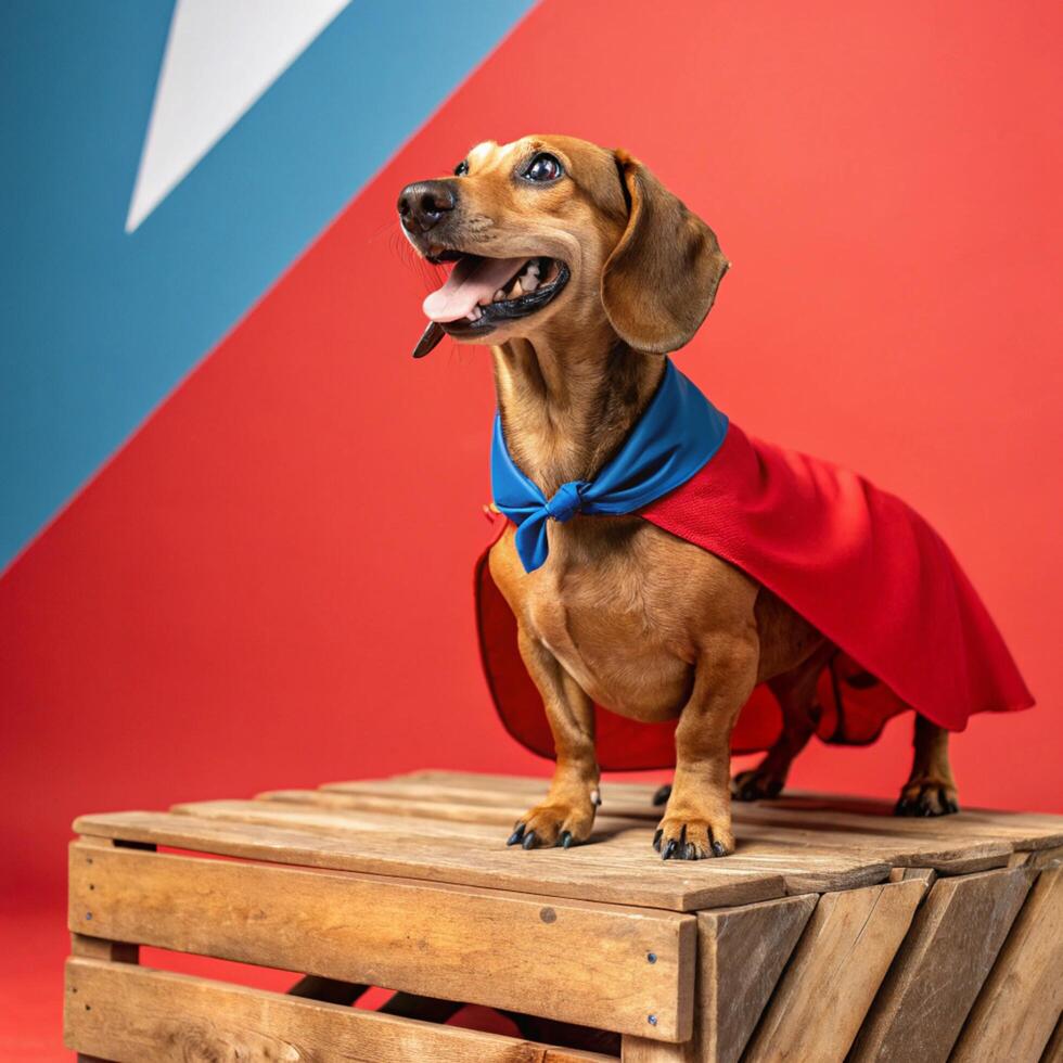 Cheerful dachshund in a tiny superhero cape studio setting animal photography vibrant background playful concept photo