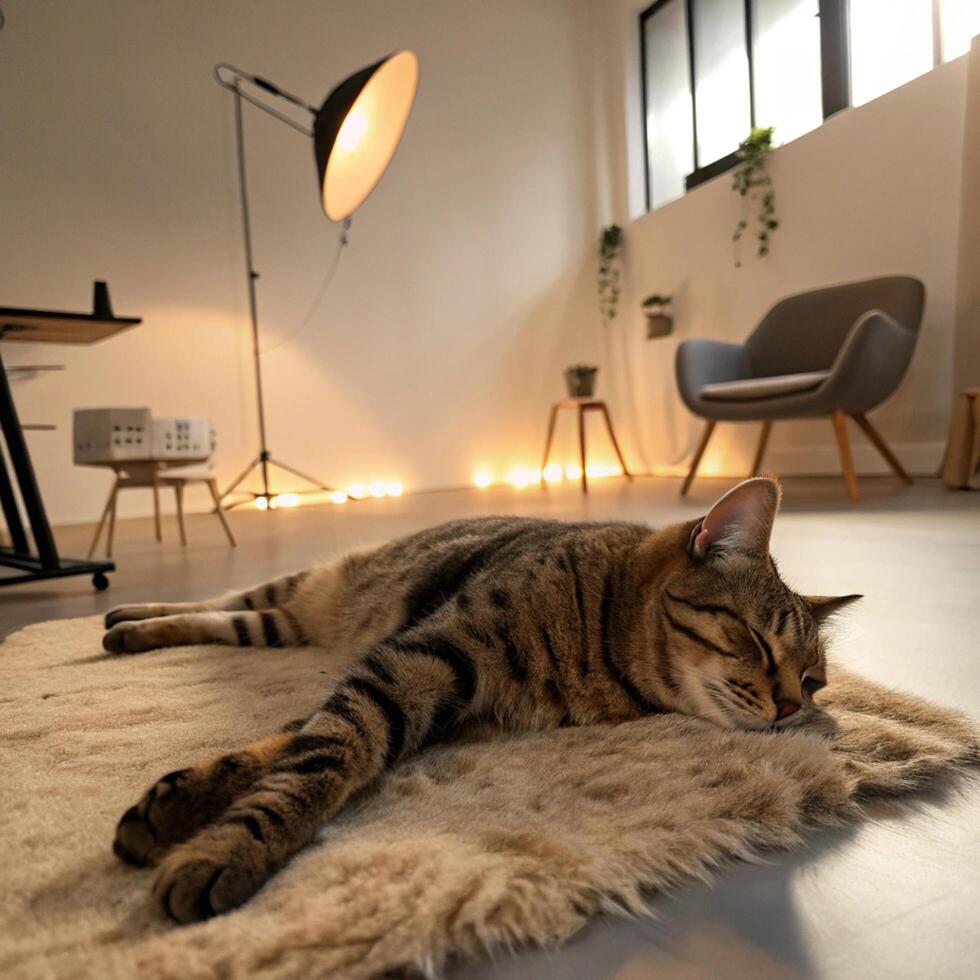 Lazy tabby cat resting on soft fur rug cozy apartment interior photography relaxed environment close-up view photo