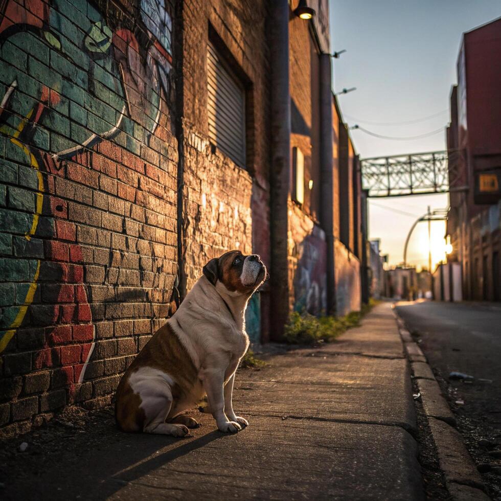 Dog sitting on urban sidewalk with colorful graffiti in background at sunset city street photography vibrant atmosphere photo