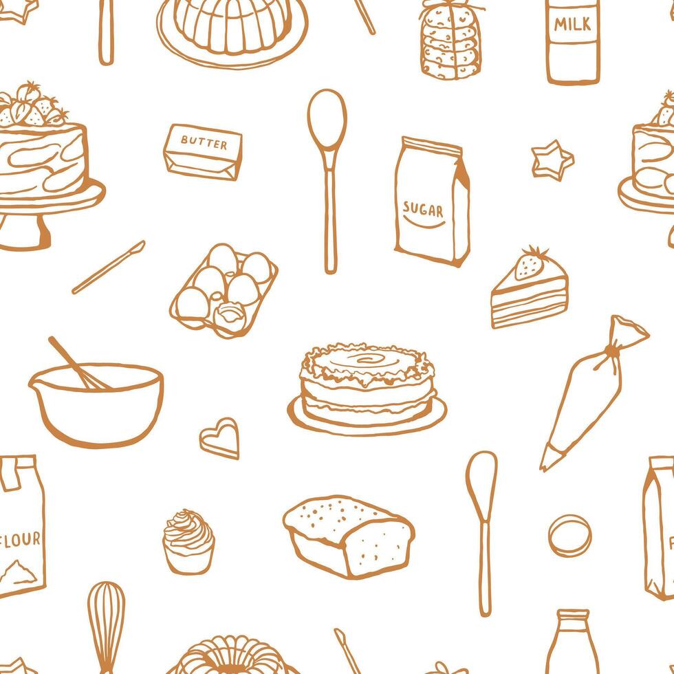 Seamless pattern with hand drawn baking ingredients and cakes. Simple food design for fabric, textile, wrapping paper, gift paper vector