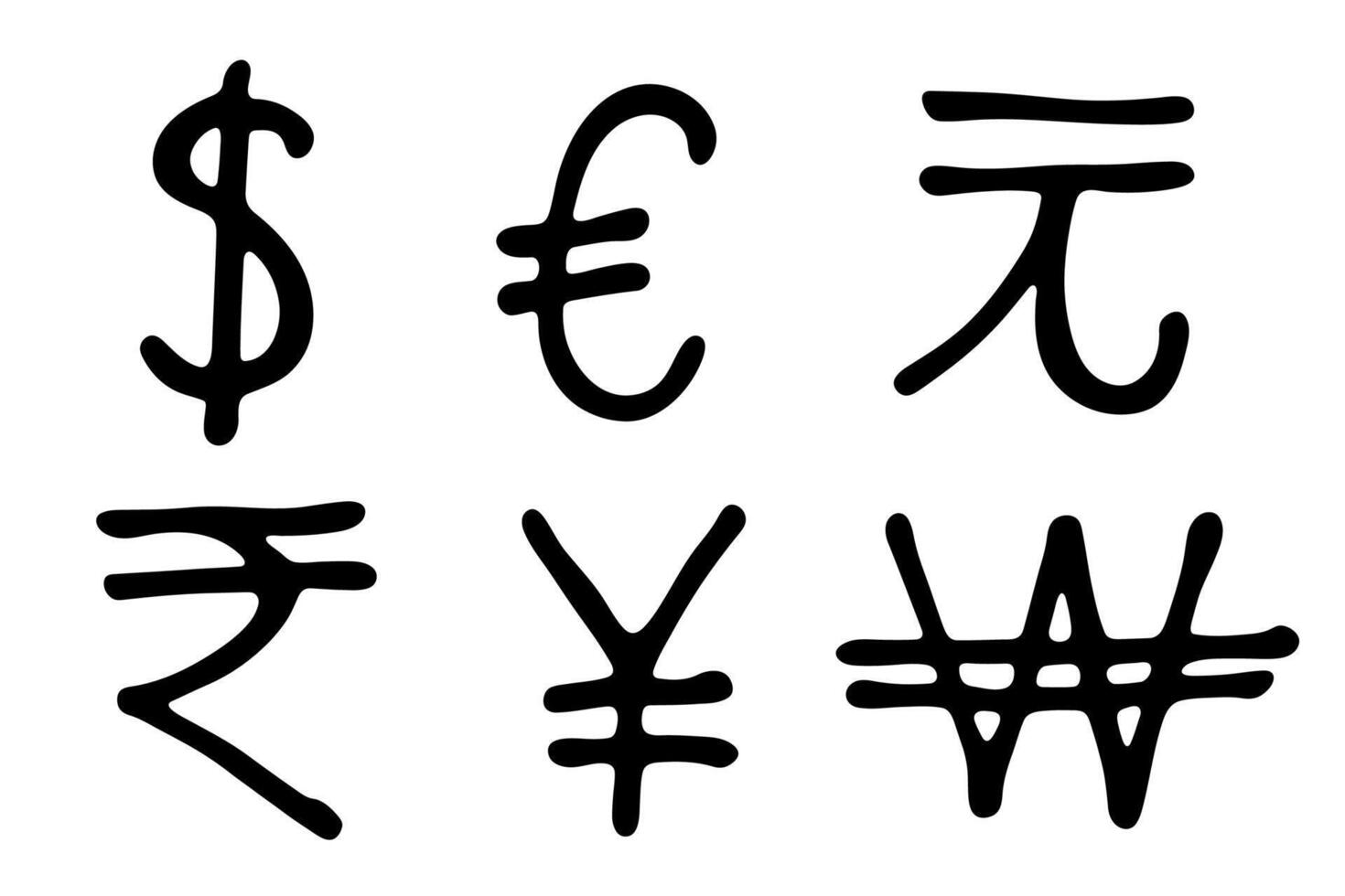 Hand drawn multiple currencies symbol set Dollar euro yuan yen won rupee 5 vector