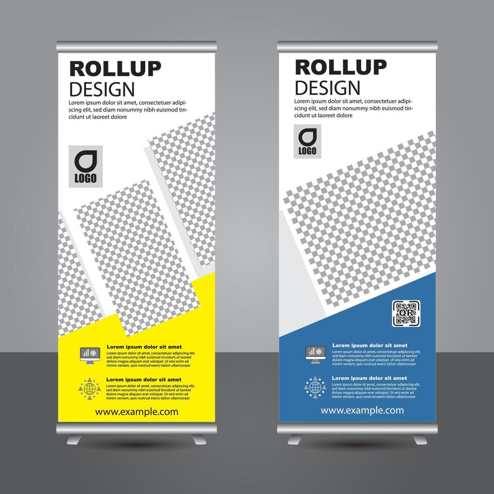 Blue and yellow roll up banner for business, stand up x banner vector