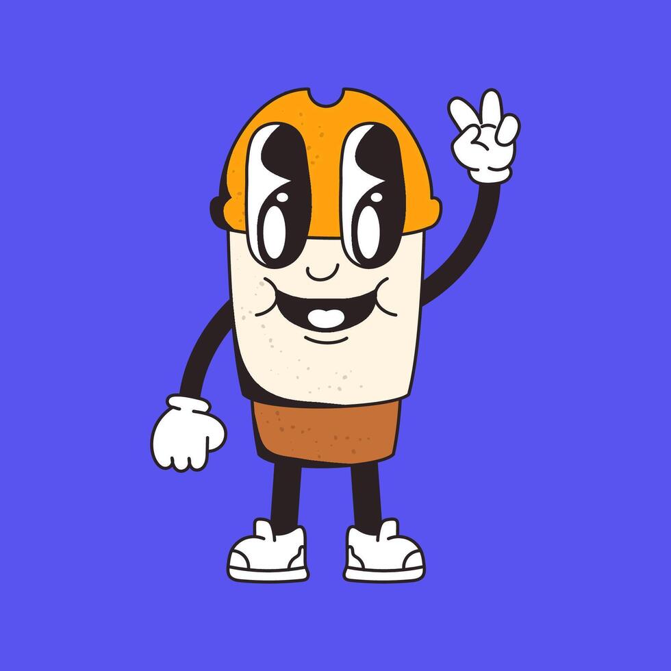 Friendly cartoon teapot character with a big smile, orange cap, and peace gesture on a bright blue background. vector