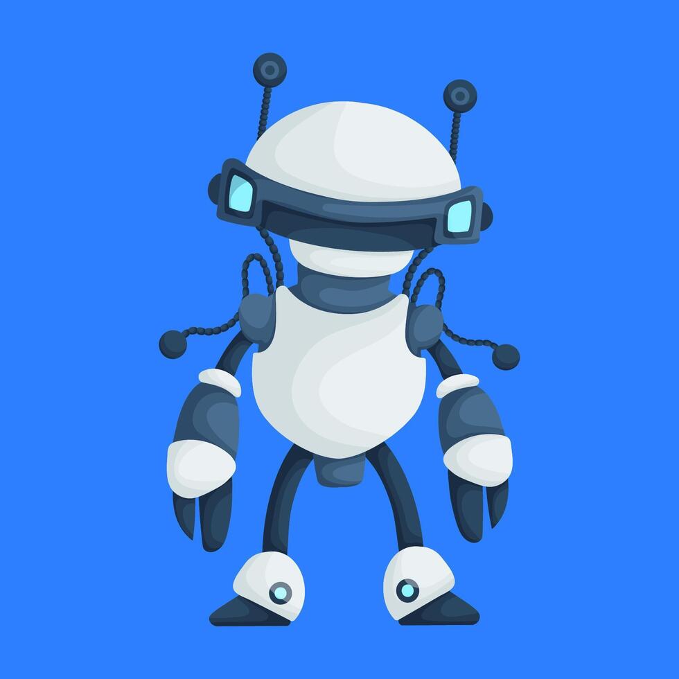 Cute cartoon robot with antennas, a sleek design, and blue accents, standing on a vibrant blue background. vector