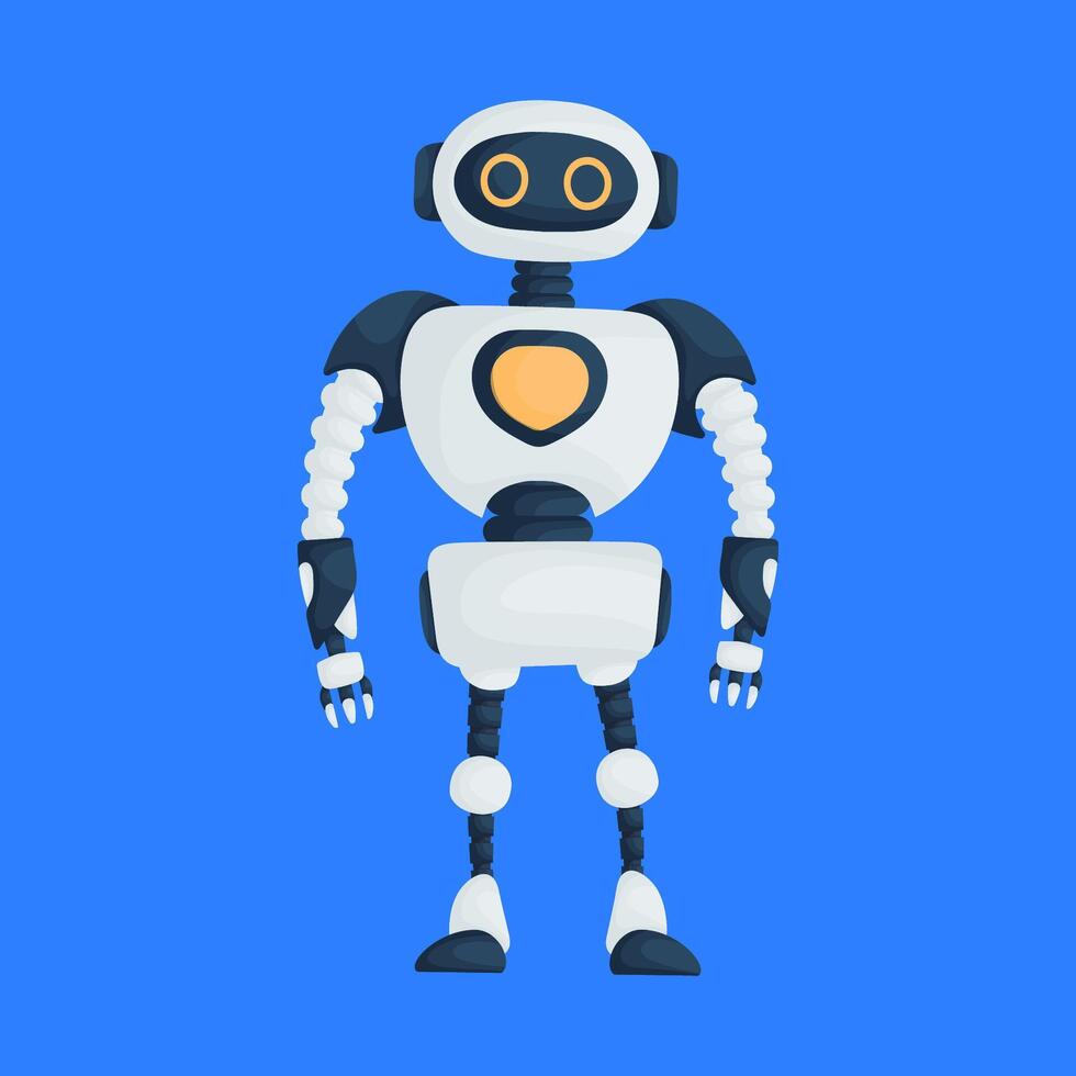 Illustration of a cute humanoid robot with a white body and orange heart on a solid blue background, futuristic design. vector