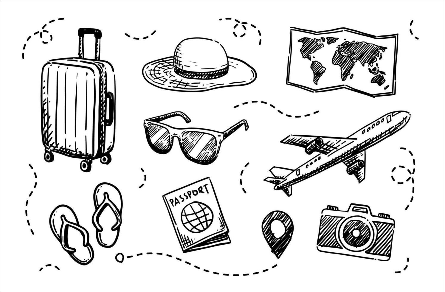Travel hand drawn sketch, suitcase, map, flip flops, map pin, airplane, passport, beach hat, camera, sunglasses, illustration, set vector