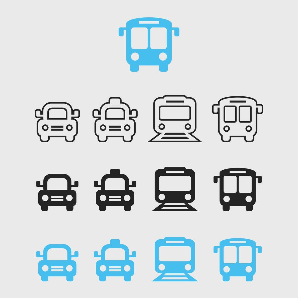 Transportation Icons Set. Symbol of Bus, Taxi and Rail icon Set Background vector