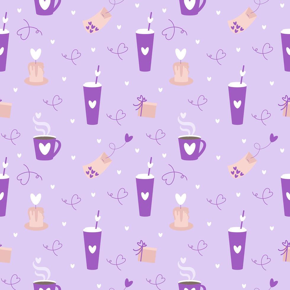 Flat cute romantic Valentines day, love season or pastel hot coffee cup seamless pattern with candle, gift box and tea bag. vector