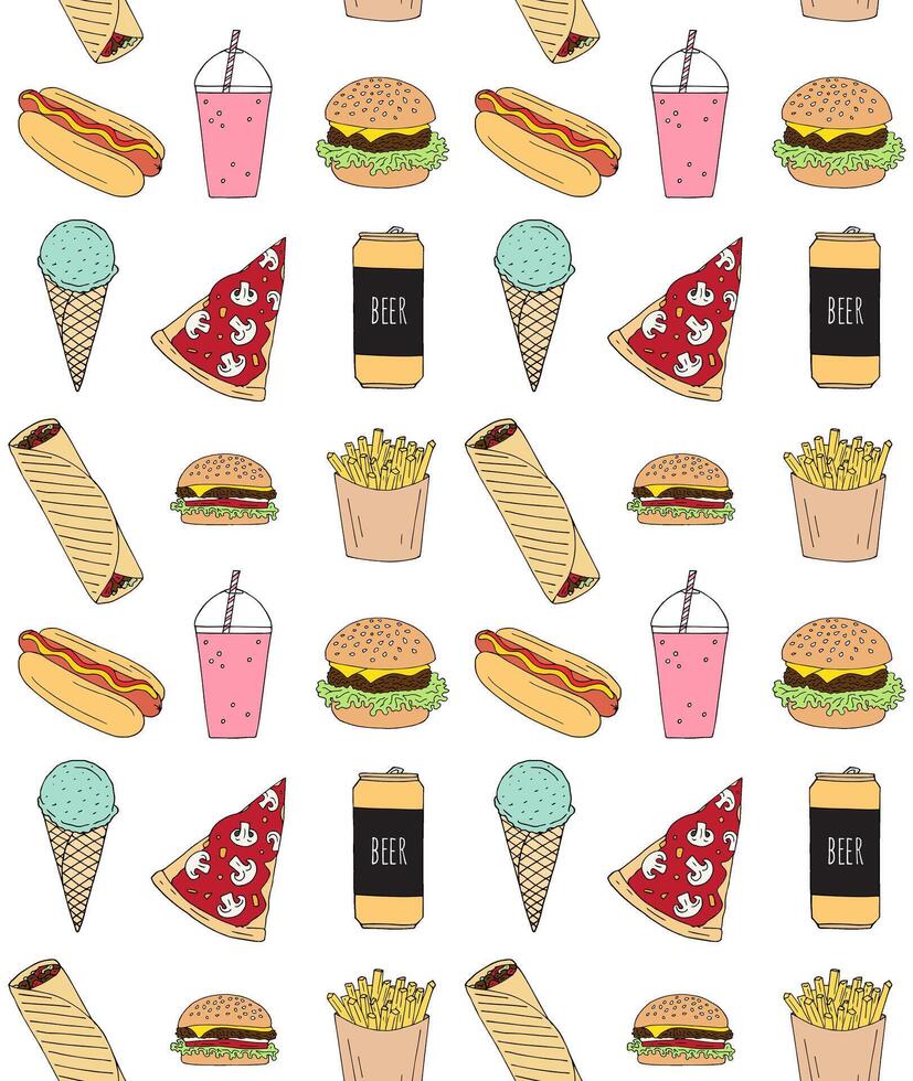 Seamless pattern of doodle fast food vector