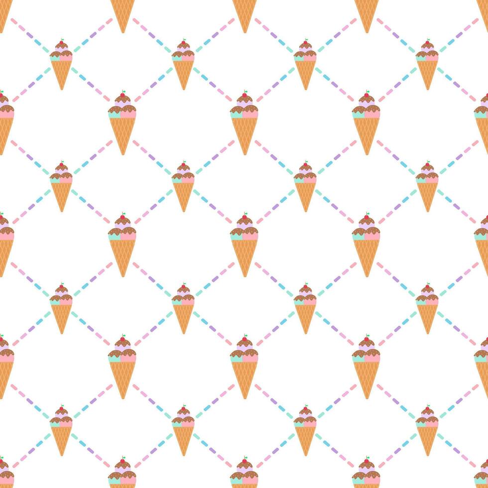 Ice cream cone, choco rainbows with Pocky argyle on white background. vector