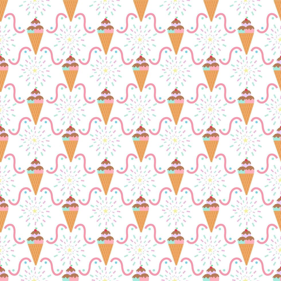 Ice cream cone, choco rainbows with doodle fireworks on white background. vector
