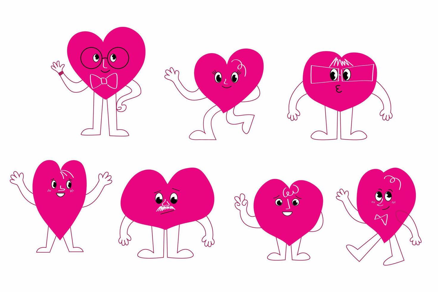 Illustration of cartoon character flat pink heart of different shapes vector