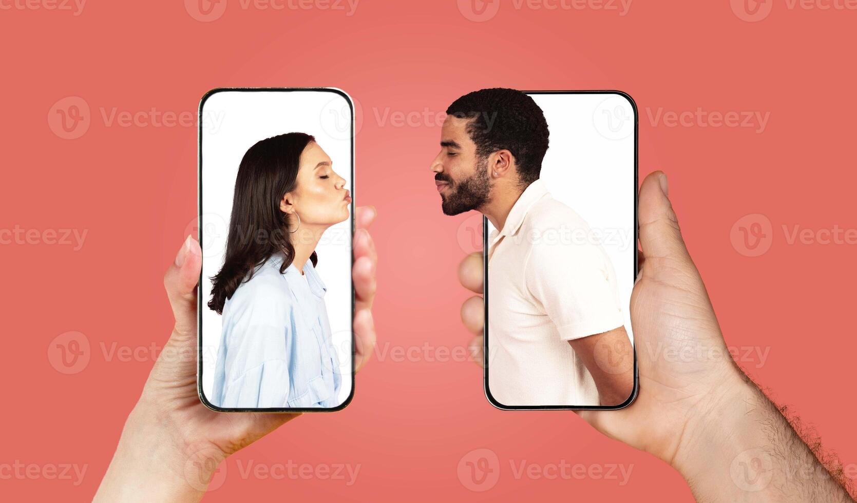A couple shares a moment of connection as they communicate through their smartphones, showcasing their love and affection for each other. photo