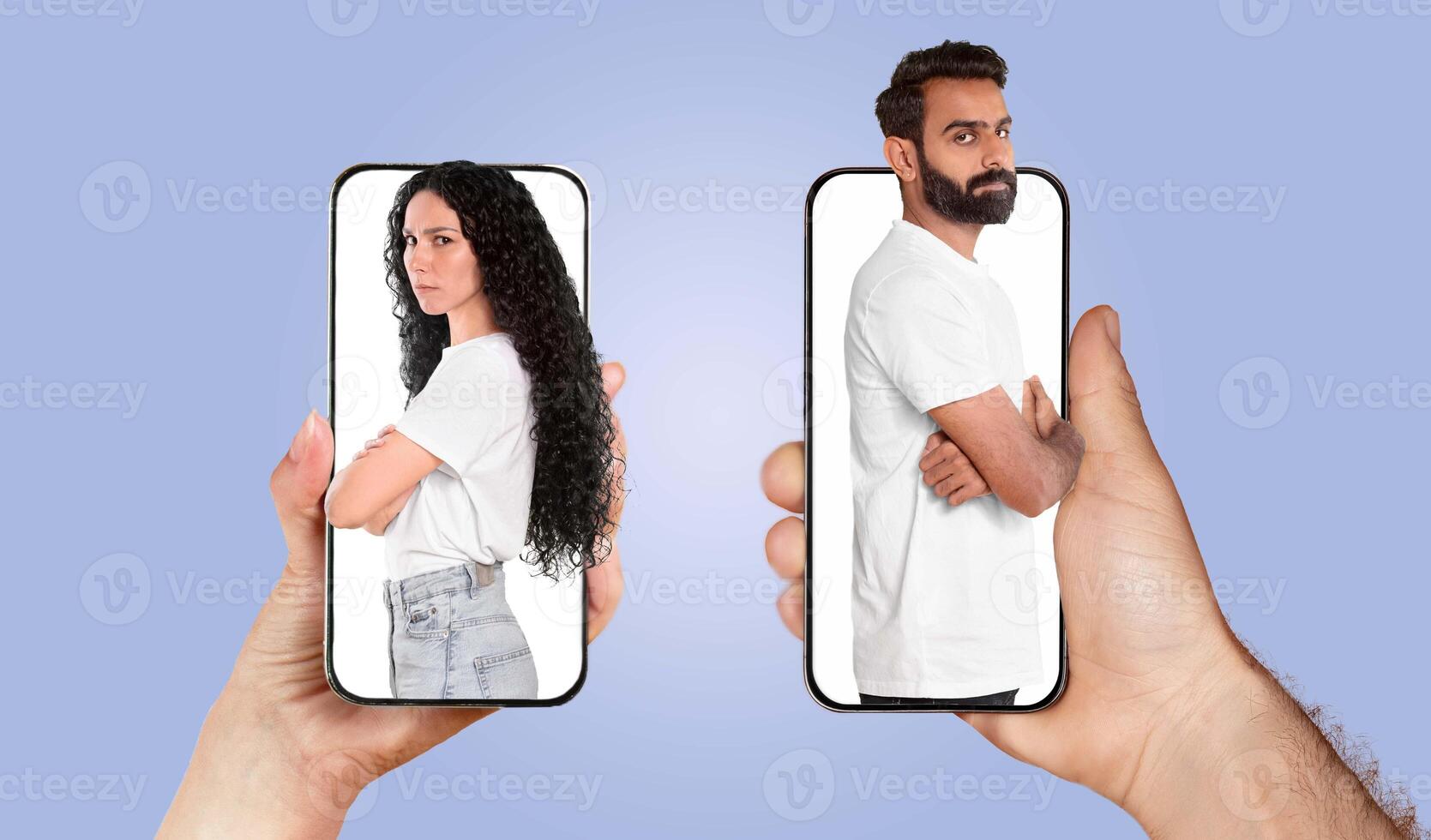 A couple engaged in a digital interaction, holding smartphones featuring their images. They smile as they communicate, reflecting modern love in a connected world. photo