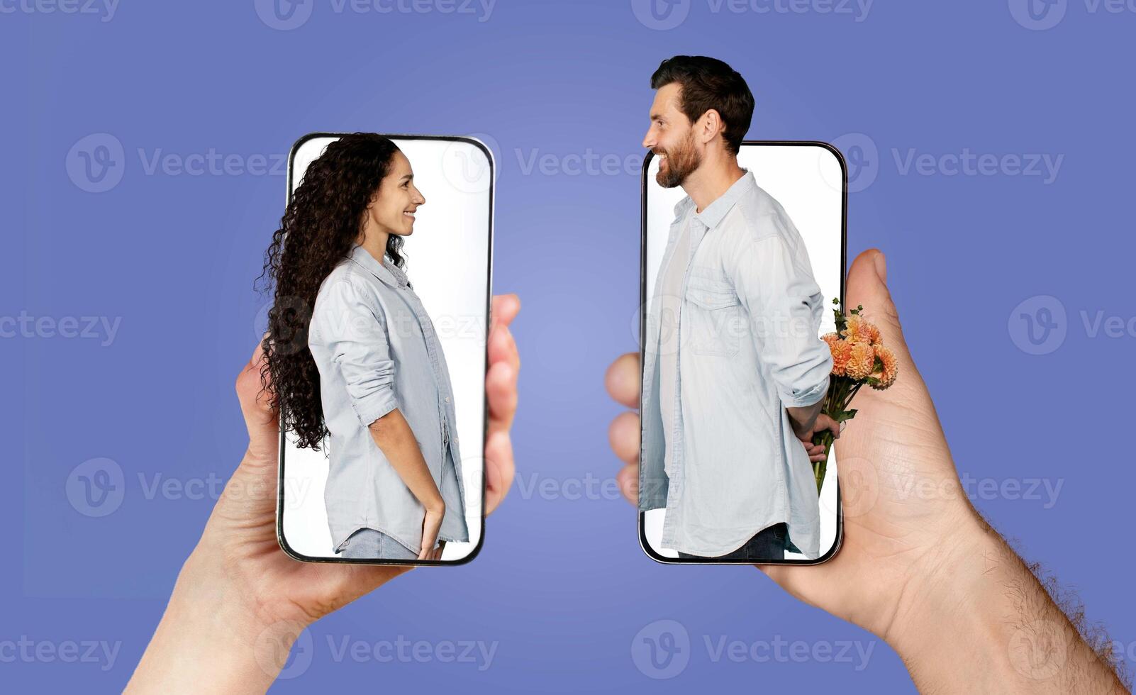 Two people are holding smartphones, each displaying the others image. They share a warm moment, embodying love and connection in a digital age, showcasing modern communication. photo