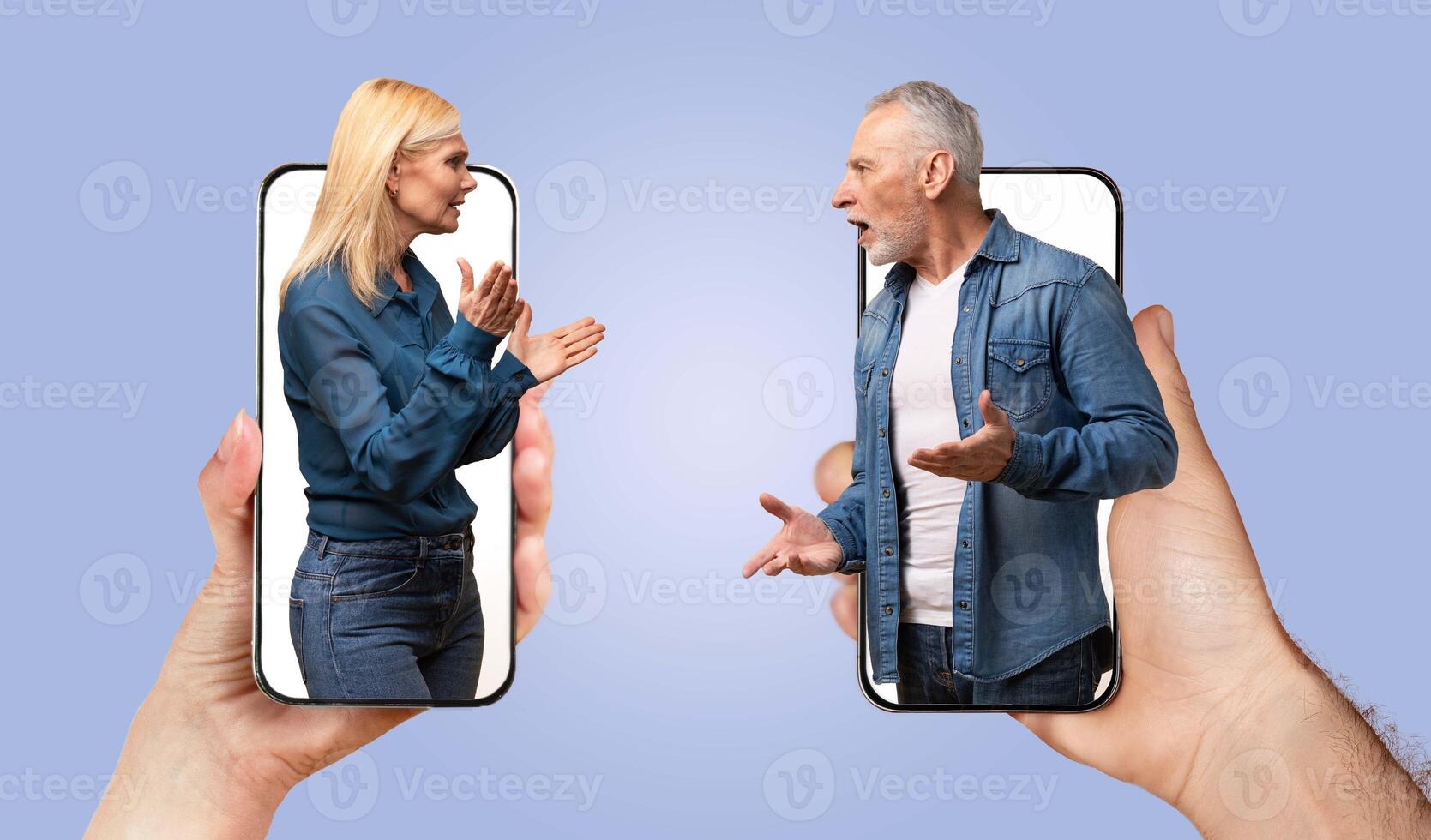 A couple engages in a passionate discussion, expressing emotions while communicating through their smartphones. Their faces reveal tension as they debate a tech-related issue. photo