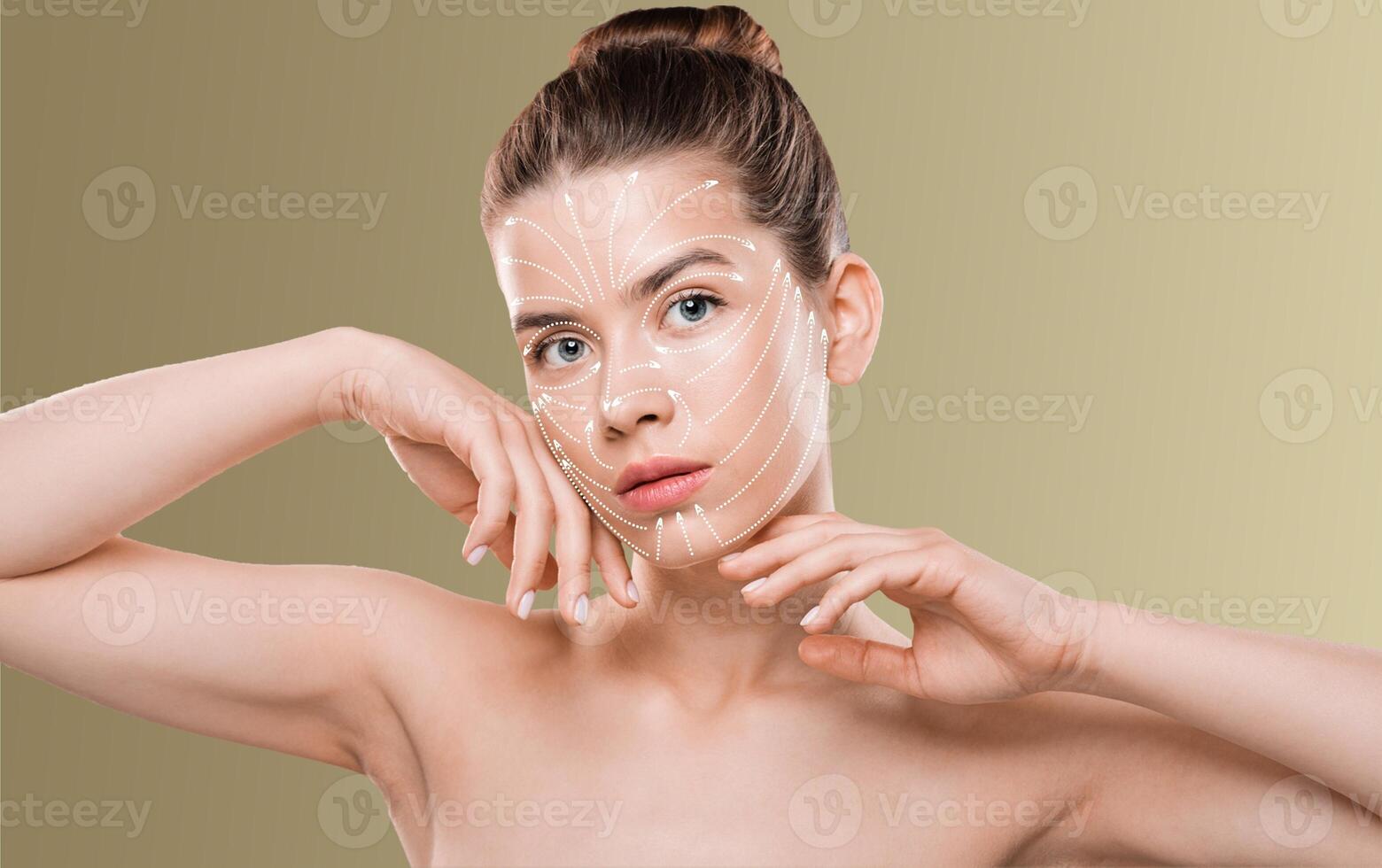 A woman is applying a skincare routine, focusing on pampering her skin with gentle techniques. The setting is isolated with a neutral background, emphasizing her beauty ritual. photo