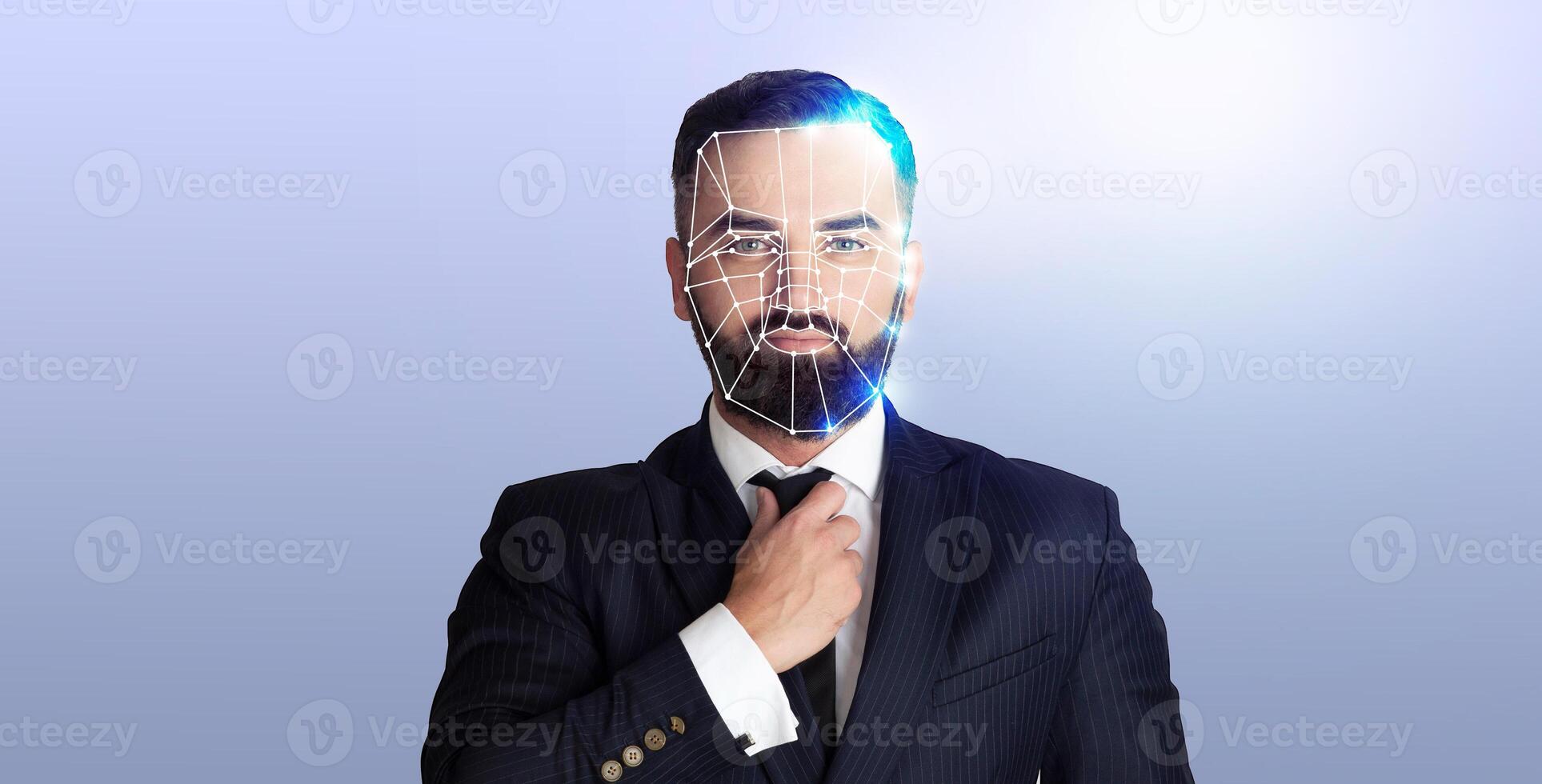 A man adjusts his tie, showcasing a cutting-edge facial recognition system overlay on his face. The background is minimalist, emphasizing the technology in a modern context. photo