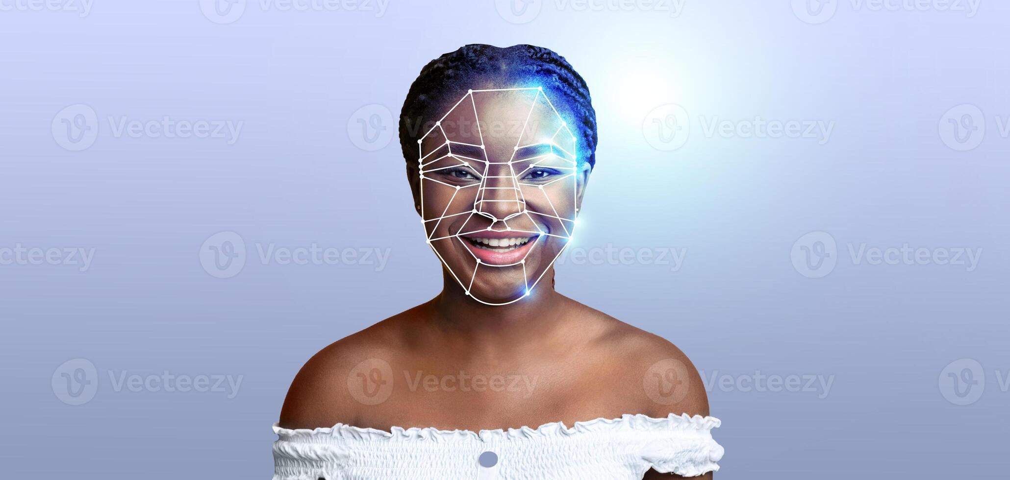 A smiling individual is featured with a digital overlay depicting facial recognition technology. photo